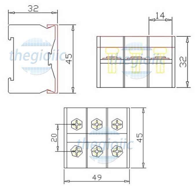 In20bk IN20BK-C Terminal Khối Gắn Ray 3 Cực 30A 600V Cỡ Dây 2-3.5mm2