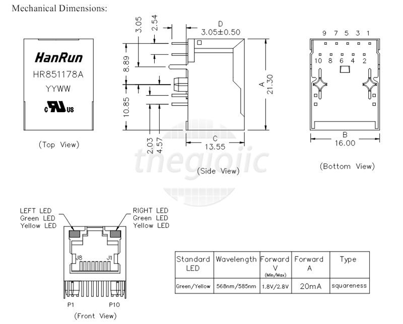 HR851178A Cổng RJ45 Cái Có LED Hanrun