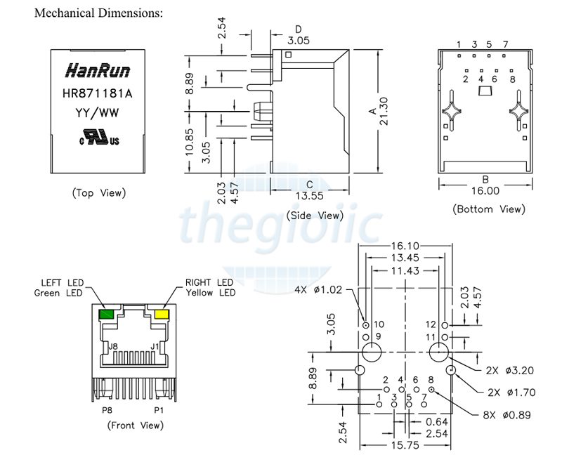HR871181A Cổng RJ45 Cái Có LED Hanrun