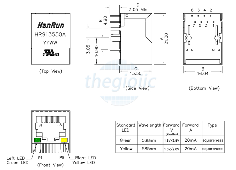 HR913550A Cổng RJ45 Cái Có LED Hanrun