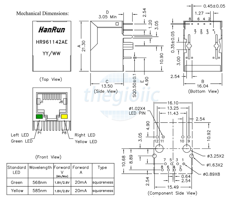 HR961142AE Cổng RJ45 Cái Có LED Hanrun
